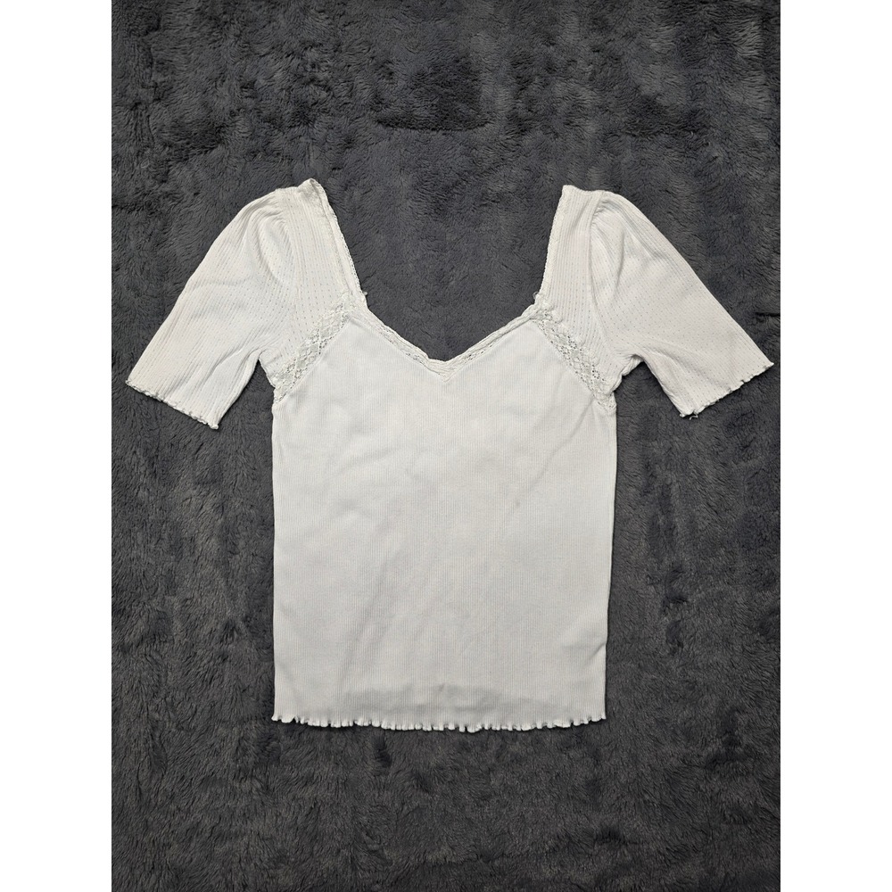 Free People Womens Ribbed Lace Trim‎ V-Neck Short Sleeve Top White Puff Sleeve
